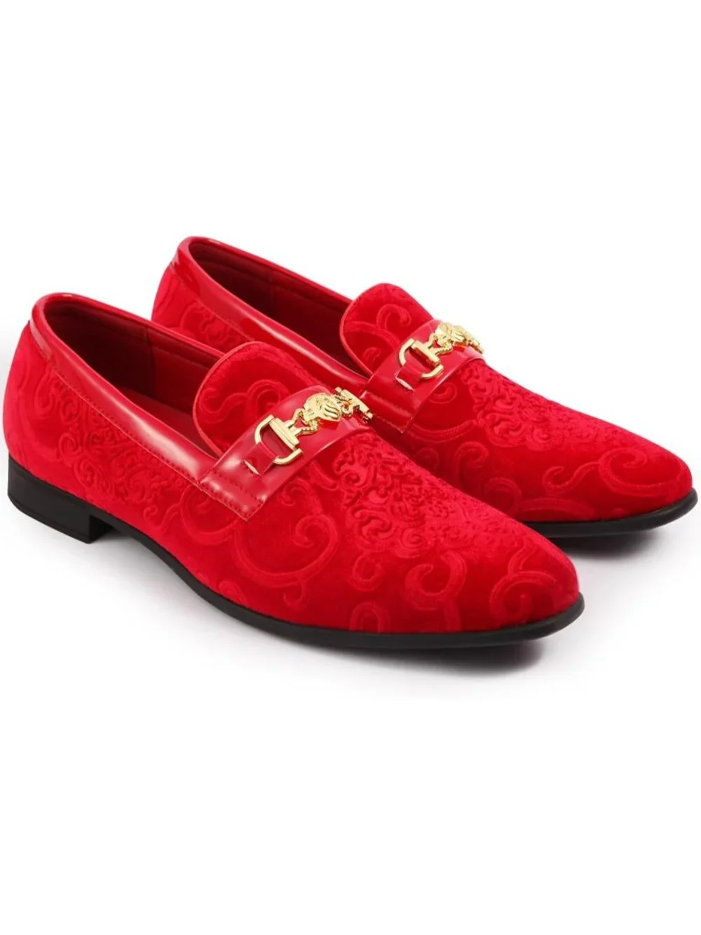 Men's Red Luxury Paisley Velvet Gold Buckle Loafers Slip On Dress Shoes